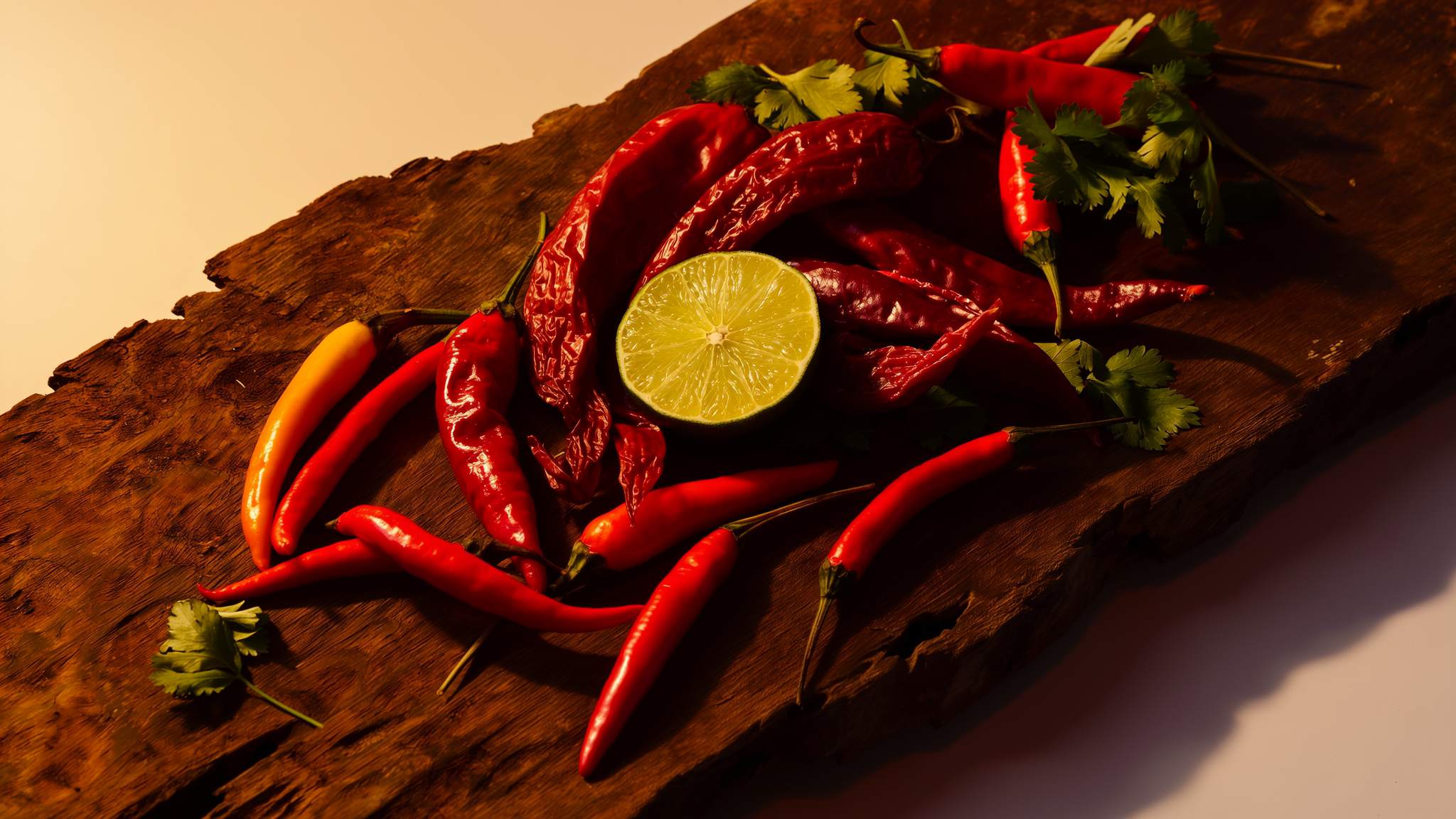 Verse rode chilipepers, koriander en limoen op een houten plank
